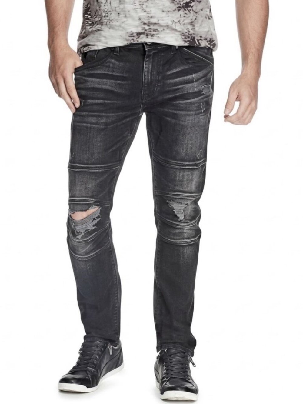 Guess Men’s Eco Bruce Moto Skinny Jeans Knee Zip Details Black Wash Size 38x32